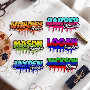 May include: Six custom name decals featuring a graffiti-style drip effect. The names Anthony Bulen, Harper Mitchell, Mason Thompson, Logan Parker, Jayden Grayson, and Jackson Reed are displayed in vibrant, multi-colored block lettering.