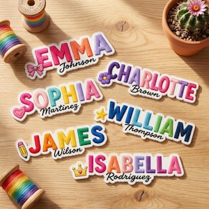 May include: Six embroidered name patches featuring colorful, puffy letters and black cursive surnames. Names include Emma Johnson, Sophia Martinez, Charlotte Brown, William Thompson, James Wilson, and Isabella Rodriguez, accented with small icons.