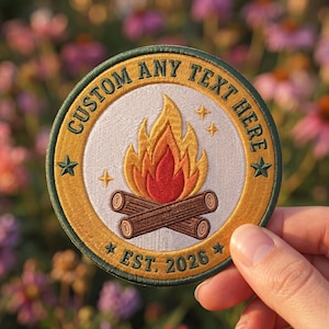 Custom Campfire Patch, Personalized Embroidered Camp Patch, Custom Text Iron On Patch, Sew On Camping Badge, Adventure Patch