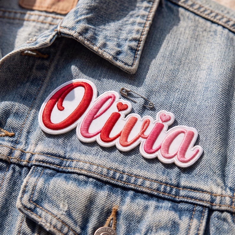 Peut inclure: Un &eacute;cusson brod&eacute; personnalis&eacute; affichant le pr&eacute;nom Olivia en &eacute;criture cursive avec des fils de couleur rouge, rose et blanc. L'&eacute;cusson comporte deux petits c&oelig;urs et est fix&eacute; sur une veste en jean bleu clair avec une &eacute;pingle &agrave; nourrice en m&eacute;tal argent&eacute;.