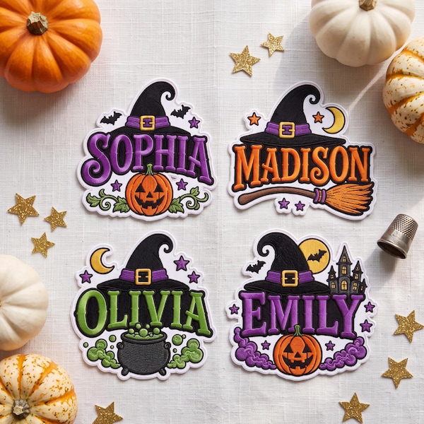 Custom Halloween Name Patch, Personalized Embroidered Witch Name Patch, Iron On Patch, Sew On Patch, Pumpkin Backpack Patch