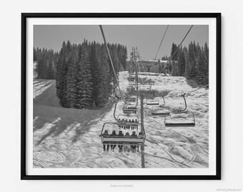Skiers On Mountain Top Express Lift, At Vail Ski Resort, Vail Black And White Fine Art Photography Print, Art For Gratitude