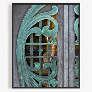 May include: A close-up of a weathered wooden door with a decorative metal design. The metal is a teal green color and has a floral pattern. The door is framed in black.