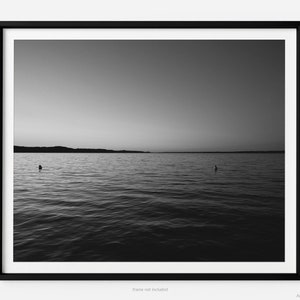 Torch Lake At Sunset, Black And White Fine Art Photography Print, In Michigan, Summer, With Buoys, Art For Gratitude.