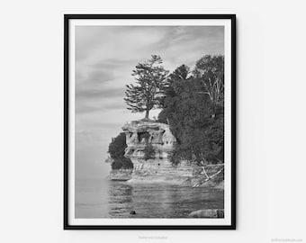 Chapel Rock, Pictured Rocks Michigan Black And White Fine Art Photography Print, In Munising, Art For Gratitude.