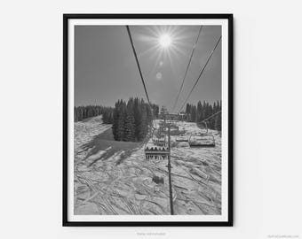 Skiers On Mountain Top Express Lift, At Vail Ski Resort, Vail Black And White Fine Art Photography Print, Art For Gratitude