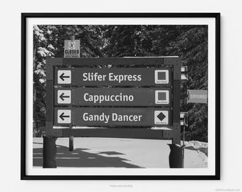 Signs For Slifer Express, Cappuccino, And Gandy Dancer, At Vail Ski Resort, Vail Black And White Fine Art Photography Print