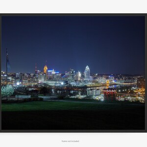 Cincinnati Skyline (Cityscape) Photography Print, At Night, Wide View With Newport Kentucky, And Ohio River, Art For Gratitude