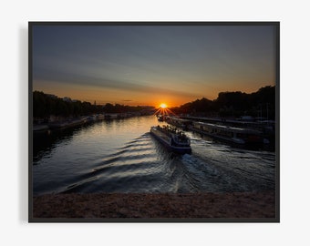 Paris Photography Print, Boat On River Siene At Sunrise, near Eiffel Tower. Art For Gratitude. Summer In Paris, France.