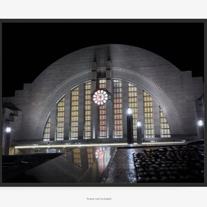 Cincinnati Photography Print Of Museum Center At Union Terminal, Architecture, At Night, Art Deco Building, With Clock, Art For Gratitude