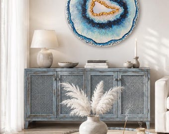 Round Blue Abstract Wall Art | Textured Acrylic Painting  Canvas | Hand-Painted Wall Decor with Decorative Stones