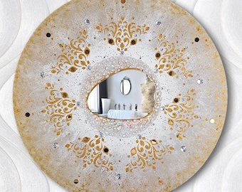 Luxury Beige Gold Wall Art with Mirror Accent, Round Abstract Canvas Painting, Textured Glam Statement Decor Handmade Modern Elegant Artwork