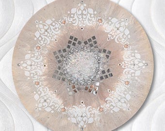 Beige Wall Art, Round Abstract Canvas Painting, Textured Handmade Modern Glam Home Decor Neutral
