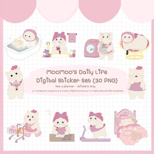 Cute Cat Digital Stickers – MooMoo’s Daily Life PNG Set for Planner, Journal, Digital Use | Kawaii Cat Art.