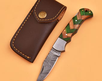 Handmade Damascus Steel Folding Knife Gift for Dad , Christmiss & Anniversary