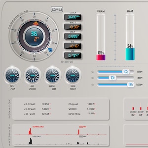 May include: A computer system monitoring interface with gauges, graphs, and numerical data. The display shows CPU and GPU temperatures, clock speeds, and voltage readings. The interface has a light gray background with blue and red accents.