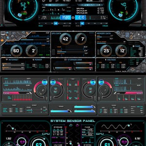 May include: A digital system sensor panel interface featuring four distinct sections with dark backgrounds, neon blue and pink accents, displaying real-time computer hardware metrics including CPU, GPU, storage, voltage, and fan speeds with graphs.