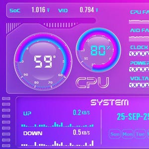 Puede incluir: Una interfaz digital con un esquema de color degradado púrpura y azul, que muestra las métricas de rendimiento del sistema. La interfaz muestra las temperaturas de la CPU y la GPU, la velocidad del ventilador, el voltaje y el uso del almacenamiento. La pantalla incluye el texto "CPU", "VRAM" y "FPS".