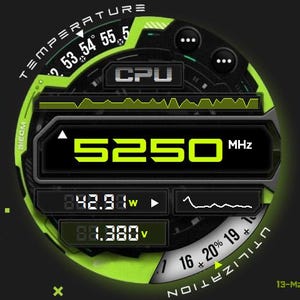 May include: A digital interface with a black and green color scheme, displaying CPU and GPU data, including clock speeds, temperatures, and utilization percentages. The interface also shows storage, fan speeds, internet usage, and gaming performance metrics.