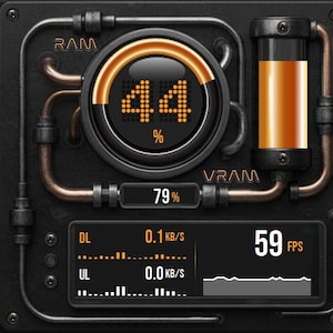 May include: A digital computer monitoring interface featuring three dark panels with orange accents. The display includes circular gauges for CPU, RAM, VRAM, and GPU metrics, alongside copper-coloured piping, numerical readouts, and a clock.