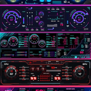 May include: A digital system sensor panel dashboard featuring multiple layouts with neon blue, purple, and red color schemes. The interface displays real-time hardware metrics including CPU and GPU temperatures, clock speeds, fan usage, RAM, VRAM, and storage data with various gauges, bar charts, and numerical readouts.