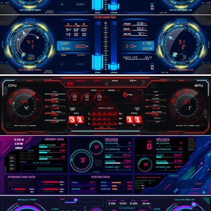 May include: A digital display showing computer performance metrics. The interface features circular gauges, bar graphs, and numerical readouts for CPU, GPU, memory, and system data, with a futuristic, tech-inspired design.