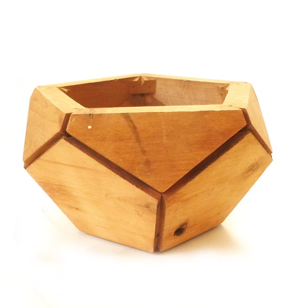 Vintage Handmade Wood Geodesic Planter ... Hipster Chic Boho Pine Bowl, Geometric Pentagonal Wooden Shelf Decor, Woodsy Modern Abstract
