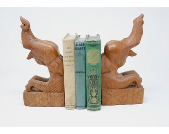 Vintage Pair Teak Wood Playful Elephant Bookends ... Midcentury Modern Book Ends, Tropical Bookends, Jungle Bookends, Animal Bookends