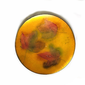 Vintage Small Mustard Yellow Enamelware Trinket Tray ... Round Fall Leaves MCM Vanity Tray, Enamel on Copper Decor, 1960s Crafts