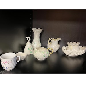Instant Collection ... Mixed Lot of Belleek Irish Porcelain, Shamrock, Basket Weave and Lotus, Excellent Condition