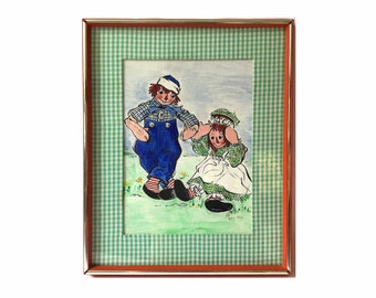 Vintage Raggedy Ann and Andy Framed Watercolor Painting ... M. Levitas Original Gouache on Paper Drawing, 1970s Doll Collectible, Gingham