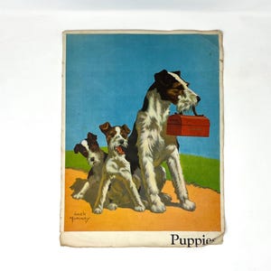 Papier Ephemera, Welpen und Gänse Illustrationen von Jack Murray aus 1940er Jahre Kinderbuch... Doppelseitige Buchseite zum Einrahmen