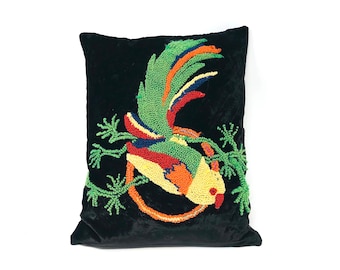 Vintage Velvet Punch Needle Parrot Pillow ...  Black Velvet Needlework, Bird Textile, 16" x 17" Embroidered Parrot, Pillow, Tropical Tiki