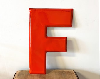 Vintage Enamel Orange Capital Letter F ... Type, Typography, Marquee, Sans Serif Industrial Modern Sign Lettering, 18" Tall, Old Signage