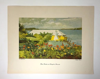 Vintage Flower Garden and Bungalow Bermuda WINSLOW HOMER American Art Lithograph Print ... Unframed Caribbean Tropical Yellow Work on Paper