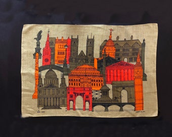 Vintage Screenprint Lamont London Architecture Linen Tea Towel ... Mid Century Modern Textile, Dish Towel, Iconic British Buildings, Green