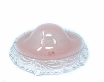 Paralume per lampadario a sospensione vintage a cupola, stile Depressione, colore rosa... Copri lampadario anni '20, copri lampadario, paralume in vetro con bordo smerlato a 3 catene.