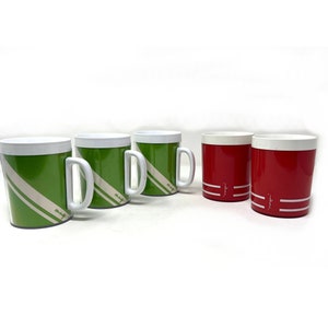 Vintage Mixed Set Thermal Cups ... Morgan Designs and Thermo-Serv Mugs, Red and Green Plastic 1980s Insulated Cups, Hot Cocoa Cups Hot Toddy