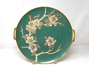 Vintage Rosenthal Selb Hand Painted Floral Serving Platter ... Cherry Blossoms on Green-Blue Ground with Gold, Wall Art Display, Romantic