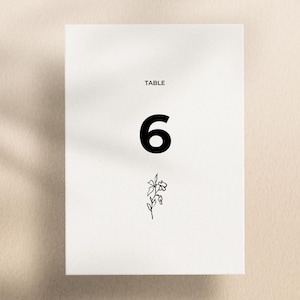 Plantilla de número de mesa • Tarjeta de mesa editable en Canva • Letrero de boda minimalista • Detalle floral dibujado a mano • Colección de pétalos y tinta