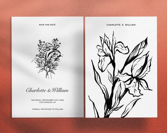 Save the Date Card • Editable Canva Template • Hand-Drawn Floral Design • Minimalist Wedding Announcement • Digital Download