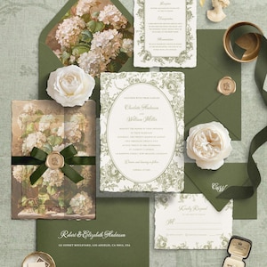 Floral Wedding Invitation Suite | Sage Botanical Set | Oval Frame Hydrangea Vellum Invitation, RSVP, Save the Date | Editable Template