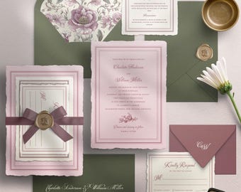 Classic Baroque Wedding Invitation Suite | Blush Pink & Olive Baroque Set | Vintage Floral Invitation, RSVP | Editable Template