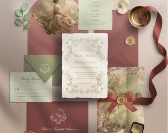 A5 & 5x7 Dusty Rose Wedding Invitation Suite | Rococo Lady Portrait | Romantic Fall | Editable Canva Design | Hand-Drawn Vintage Florals