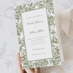 May include: An olive green wedding invitation featuring floral patterns. The invitation announces the wedding of Charlotte Anderson and William Miller, with the date and time included. The text is enclosed within a decorative border.