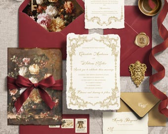 Invitación de boda con jardín otoñal (tamaño A5 y 5x7) / Diseño floral barroco vintage / Jardín otoñal boscoso / Plantilla editable de Canva