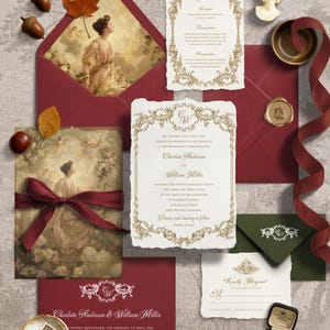 Suite de faire-part de mariage automne baroque A5 et 5 x 7 | Suite vintage rouge bordeaux | Motif dessiné à la main | Toile modifiable à télécharger pour un mariage d'automne