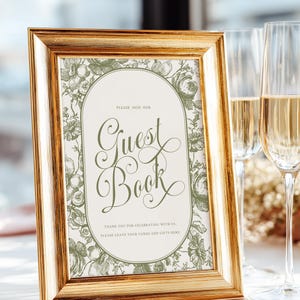 Floral Script Guest Book Template, Hand-Drawn Vintage Florals,  Guest Book Sign Illustrated, Bar Sign, Canva Template