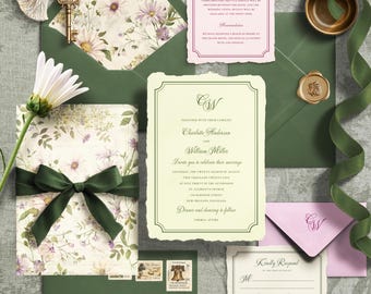Romantic Botanical Wedding Invitation Set | Sage Green | Blush | Vintage Floral Liner | Canva Template | Elegant Summer Suite