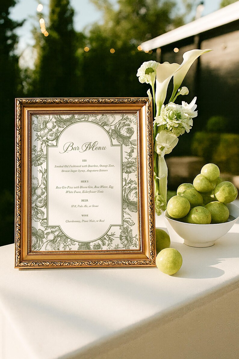 Vintage Floral Wedding Bar Menu Template, Hand-drawn Vintage Florals ...